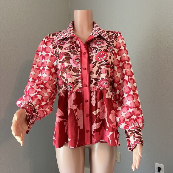 Dalia MacPhee Collared Shirt Dress Womens Red Pink Geo Floral missing Belt #148 - Picture 1 of 15